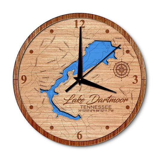 Lake Dartmoor, Tennessee 14in Layered Map Clock - Any Lake, Pond, or Reservoir - Unique Home Decor