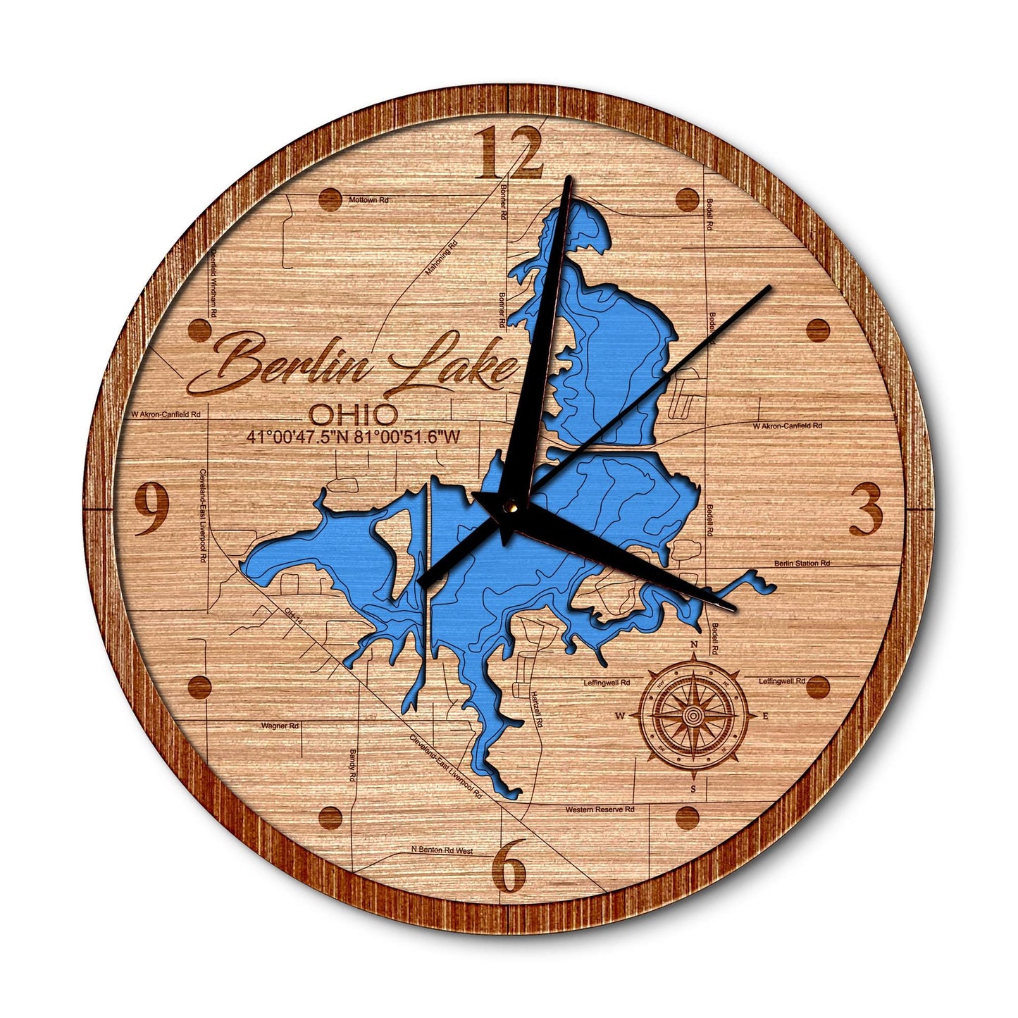Berlin Lake, Ohio 14in Layered Map Clock - Any Lake, Pond, or Reservoir - Unique Home Decor
