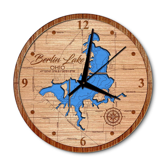 Berlin Lake, Ohio 14in Layered Map Clock - Any Lake, Pond, or Reservoir - Unique Home Decor