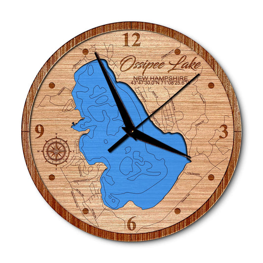 Ossipee Lake, New Hampshire 14in Layered Map Clock - Any Lake, Pond, or Reservoir - Unique Home Decor