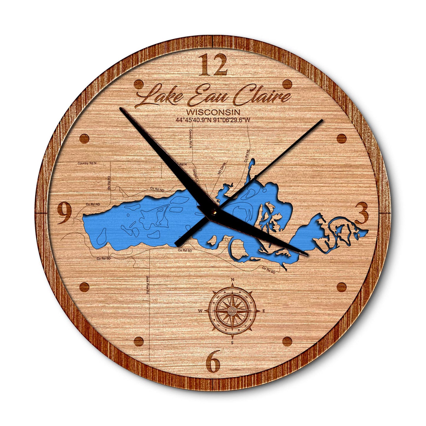 Lake Eau Claire, Wisconsin 14in Layered Map Clock - Any Lake, Pond, or Reservoir - Unique Home Decor
