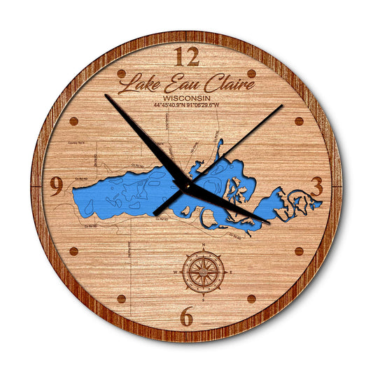 Lake Eau Claire, Wisconsin 14in Layered Map Clock - Any Lake, Pond, or Reservoir - Unique Home Decor