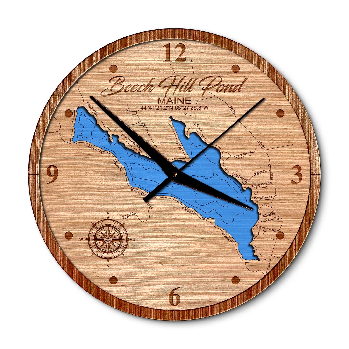 Beech Hill Pond, Maine 14in Layered Map Clock - Any Lake, Pond, or Reservoir - Unique Home Decor