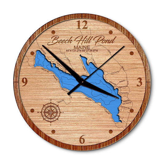 Beech Hill Pond, Maine 14in Layered Map Clock - Any Lake, Pond, or Reservoir - Unique Home Decor