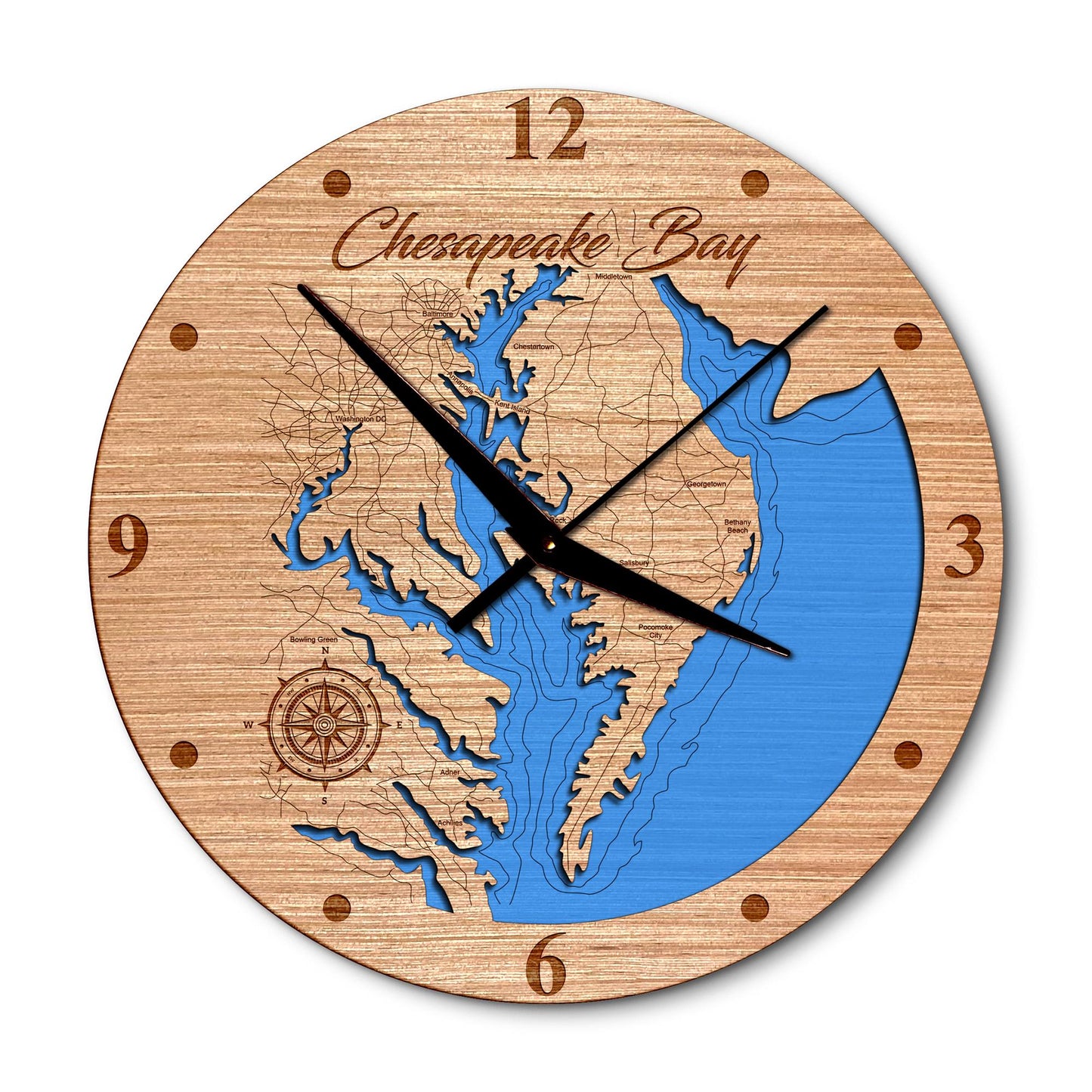 Chesapeake Bay 14in Layered Map Clock - Any Lake, Pond, or Reservoir - Unique Home Decor