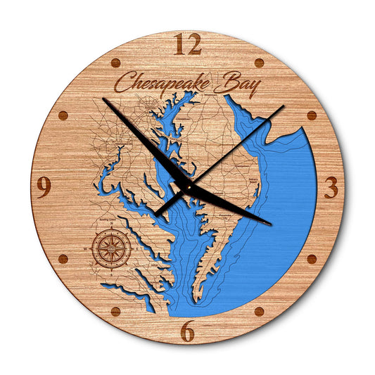 Chesapeake Bay 14in Layered Map Clock - Any Lake, Pond, or Reservoir - Unique Home Decor
