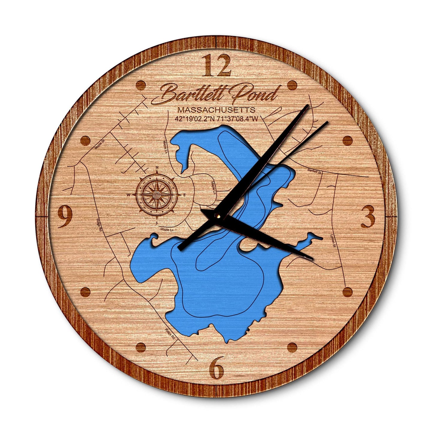 Bartlett Pond in Northboro, Massachusetts 14in Layered Map Clock - Any Lake, Pond, or Reservoir - Unique Home Decor