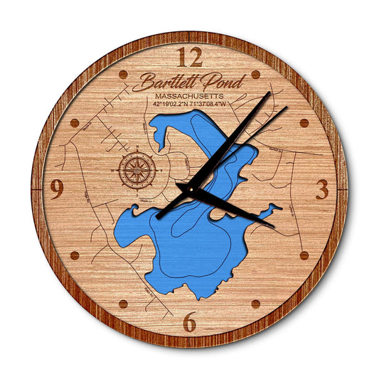 Bartlett Pond in Northboro, Massachusetts 14in Layered Map Clock - Any Lake, Pond, or Reservoir - Unique Home Decor