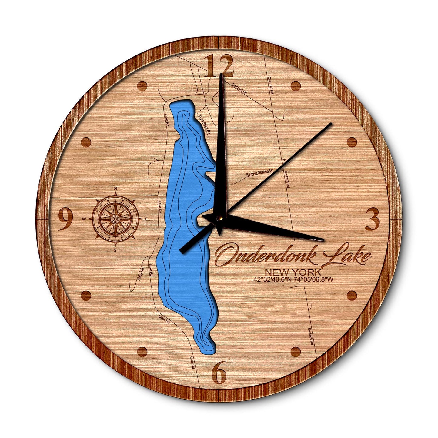 Onderdonk Lake, New York 14in Layered Map Clock - Any Lake, Pond, or Reservoir - Unique Home Decor