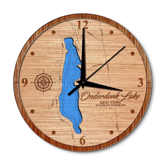 Onderdonk Lake, New York 14in Layered Map Clock - Any Lake, Pond, or Reservoir - Unique Home Decor
