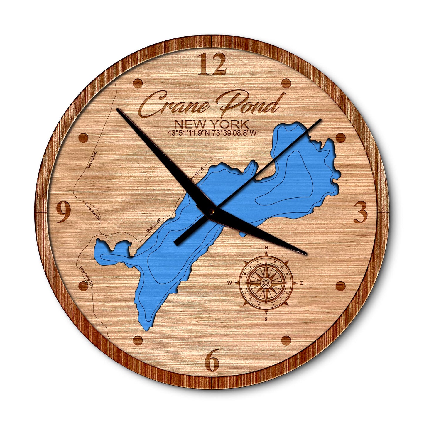 Crane Pond, New York 14in Layered Map Clock - Any Lake, Pond, or Reservoir - Unique Home Decor