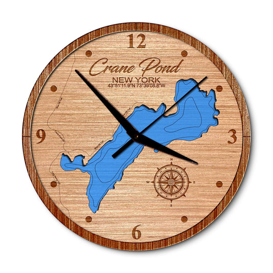 Crane Pond, New York 14in Layered Map Clock - Any Lake, Pond, or Reservoir - Unique Home Decor