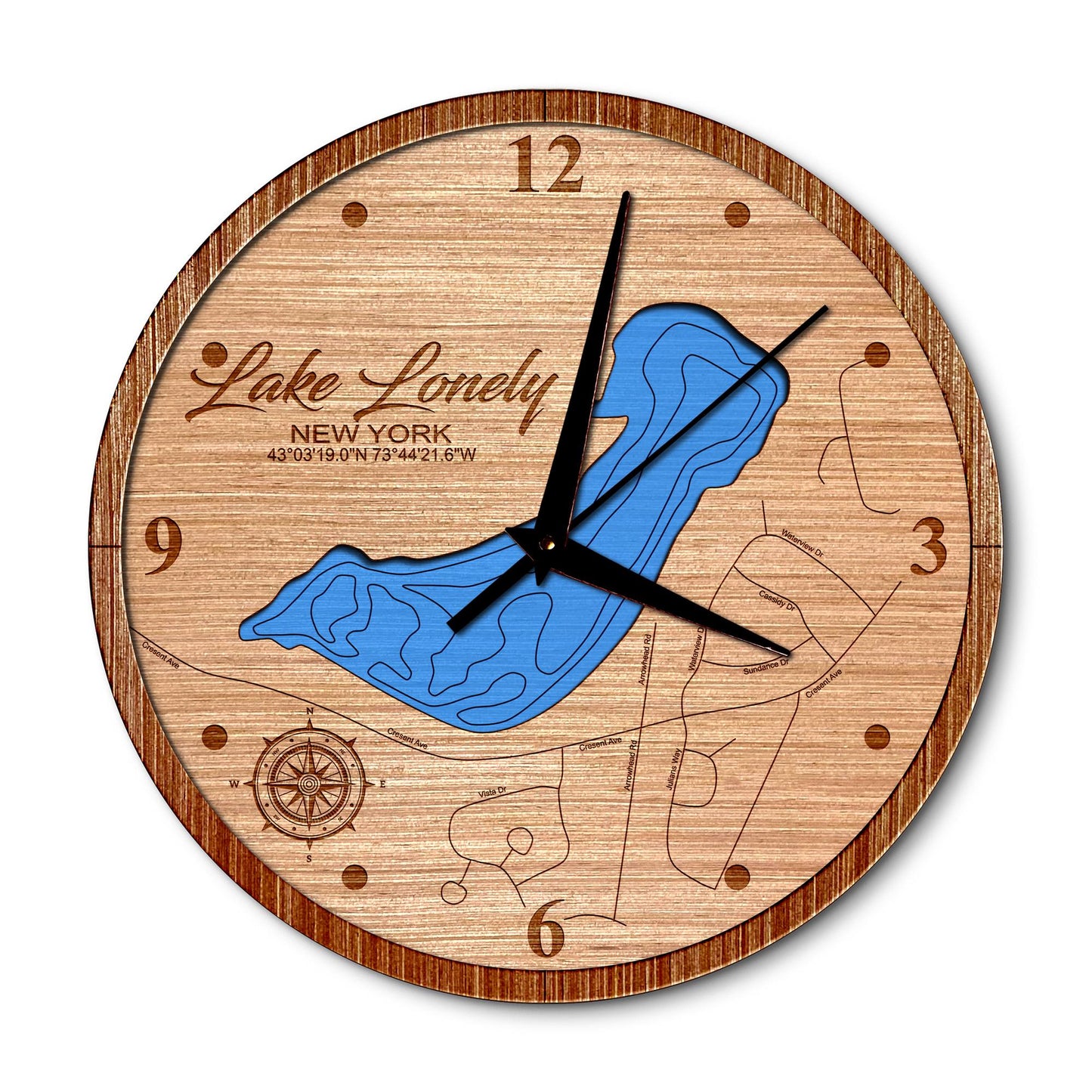 Lake Lonely, New York 14in Layered Map Clock - Any Lake, Pond, or Reservoir - Unique Home Decor