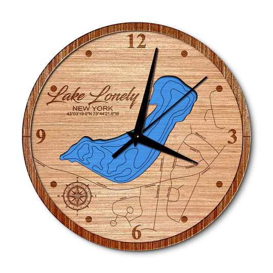 Lake Lonely, New York 14in Layered Map Clock - Any Lake, Pond, or Reservoir - Unique Home Decor