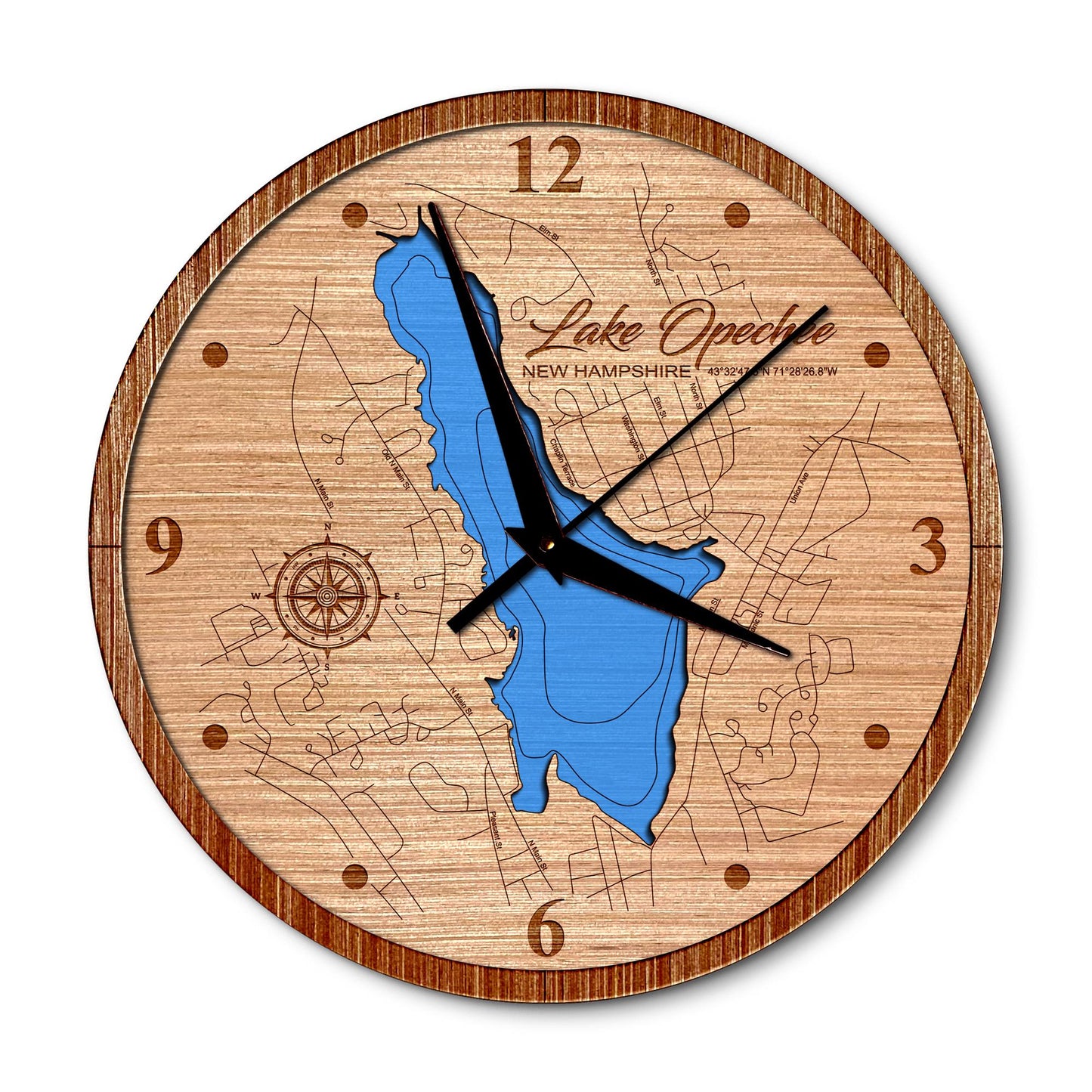 Lake Opechee, New Hampshire 14in Layered Map Clock - Any Lake, Pond, or Reservoir - Unique Home Decor