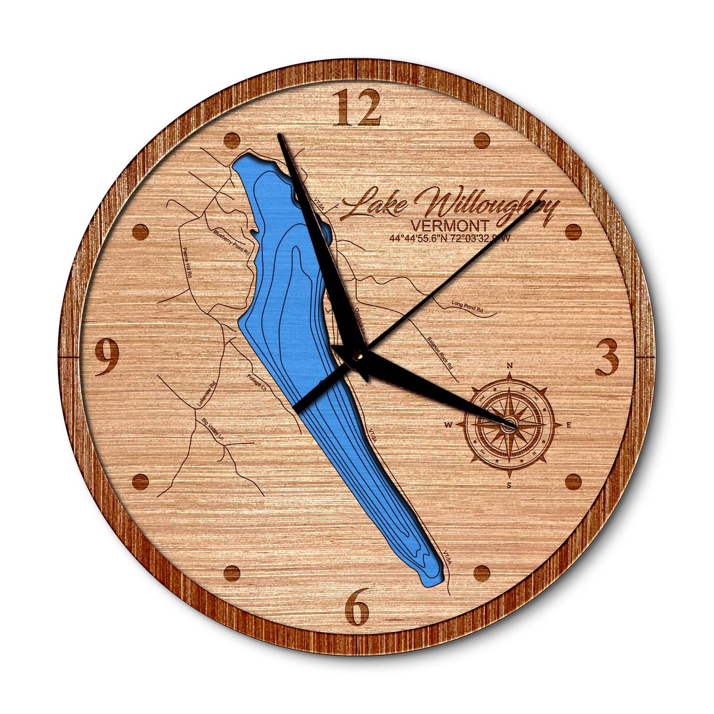 Lake Willoughby, Vermont 14in Layered Map Clock - Any Lake, Pond, or Reservoir - Unique Home Decor