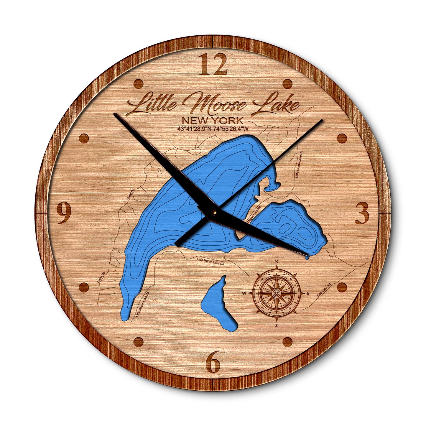 Little Moose Lake, New York 14in Layered Map Clock - Any Lake, Pond, or Reservoir - Unique Home Decor