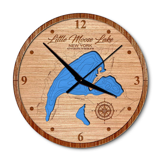 Little Moose Lake, New York 14in Layered Map Clock - Any Lake, Pond, or Reservoir - Unique Home Decor