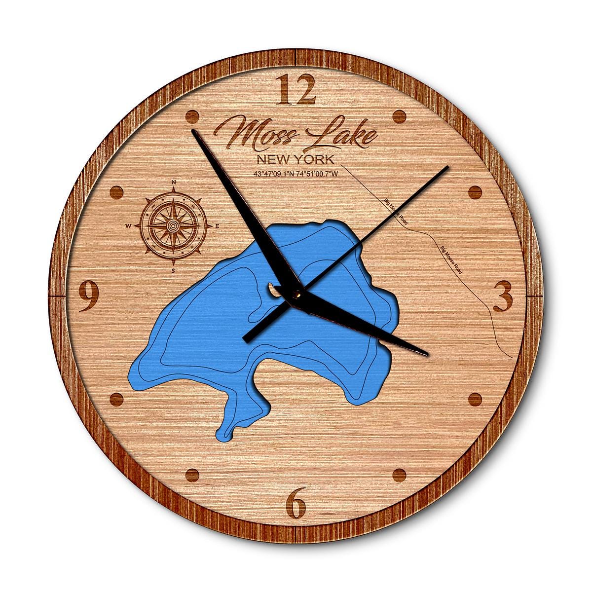 Moss Lake, New York 14in Layered Map Clock - Any Lake, Pond, or Reservoir - Unique Home Decor