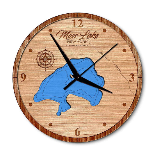 Moss Lake, New York 14in Layered Map Clock - Any Lake, Pond, or Reservoir - Unique Home Decor