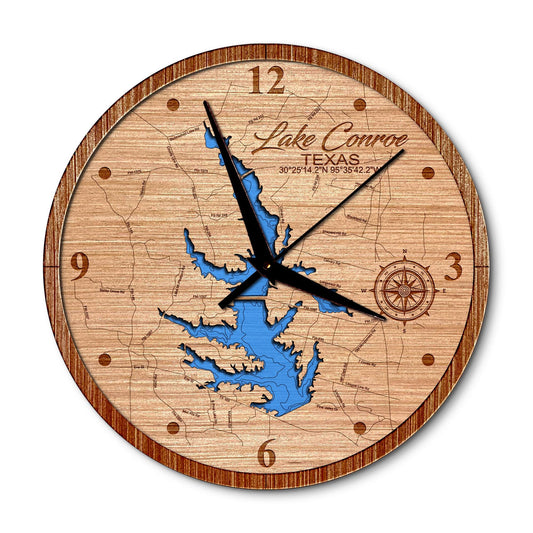 Lake Conroe, Texas Layered Map Clock - Any Lake, Pond, or Reservoir - Unique Home Decor