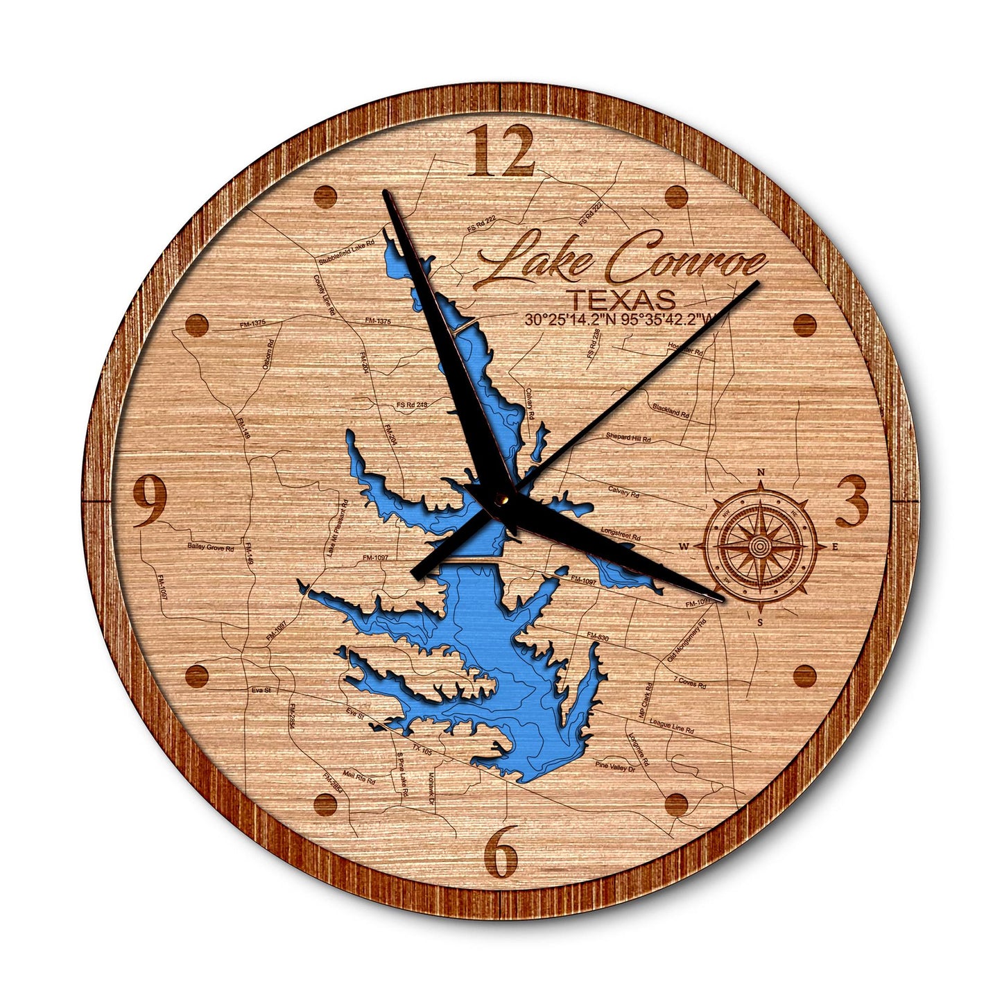 Lake Conroe, Texas 14in Layered Map Clock - Any Lake, Pond, or Reservoir - Unique Home Decor