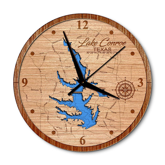 Lake Conroe, Texas 14in Layered Map Clock - Any Lake, Pond, or Reservoir - Unique Home Decor