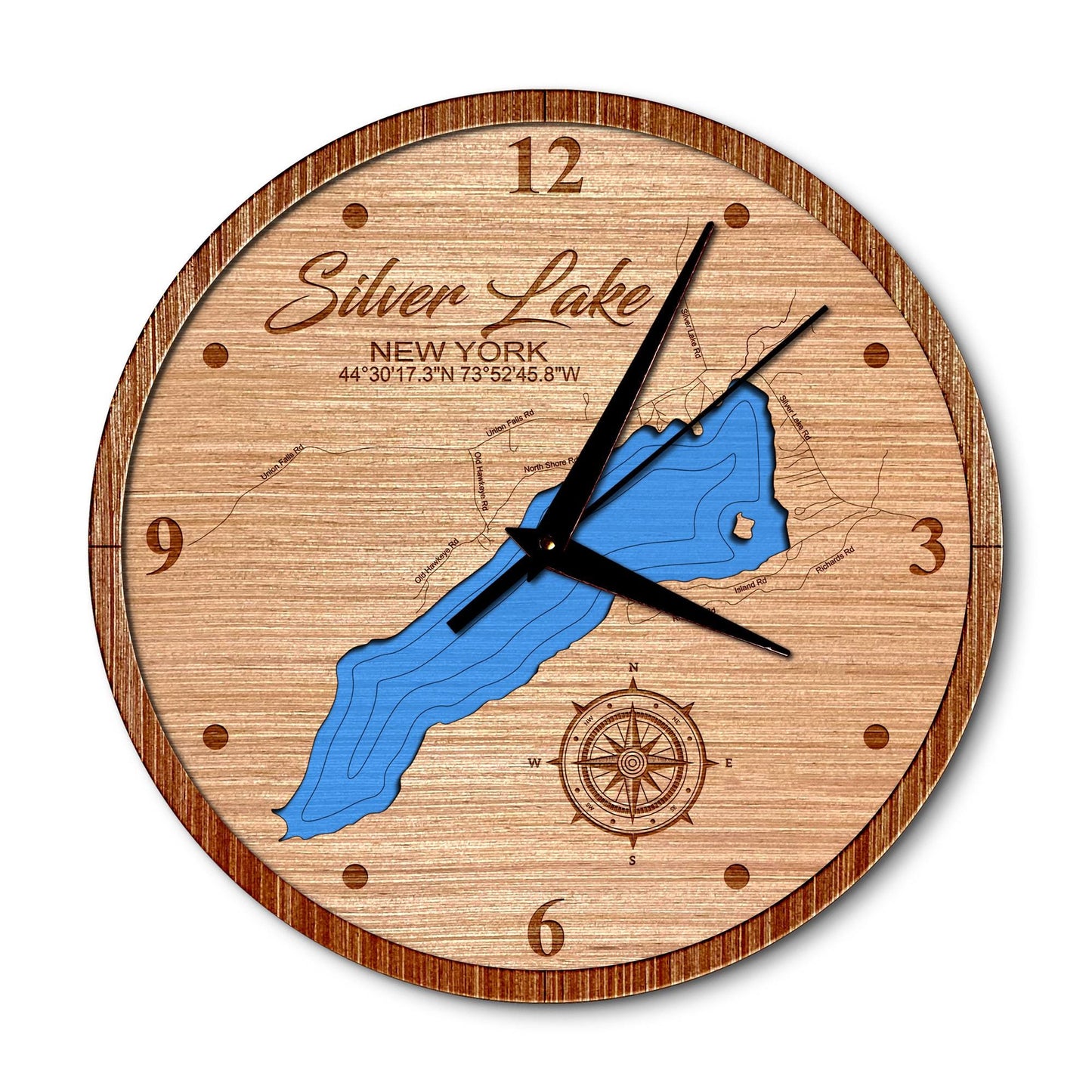 Silver Lake in Hawkeye, New York 14in Layered Map Clock - Any Lake, Pond, or Reservoir - Unique Home Decor