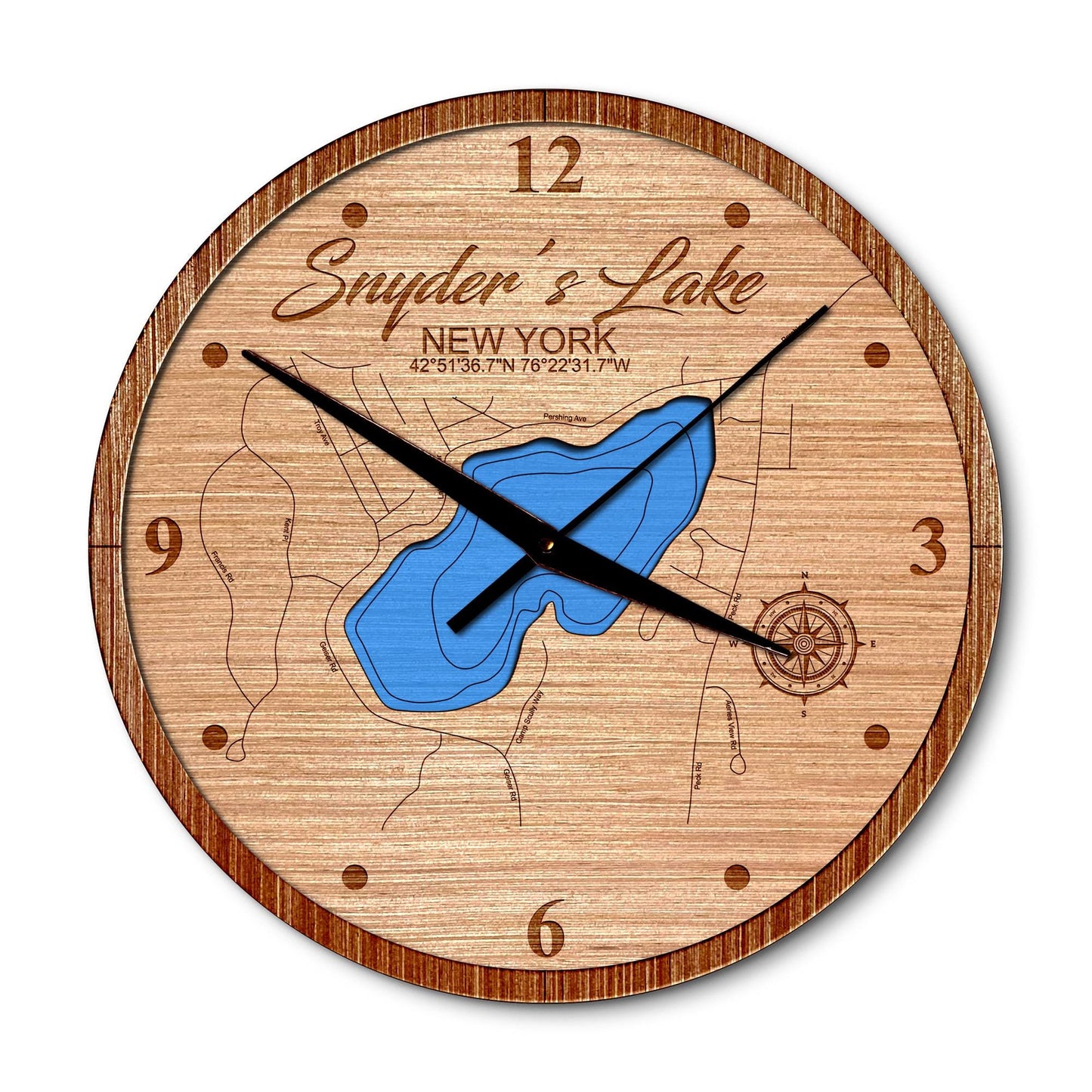 Snyders Lake, New York 14in Layered Map Clock - Any Lake, Pond, or Reservoir - Unique Home Decor