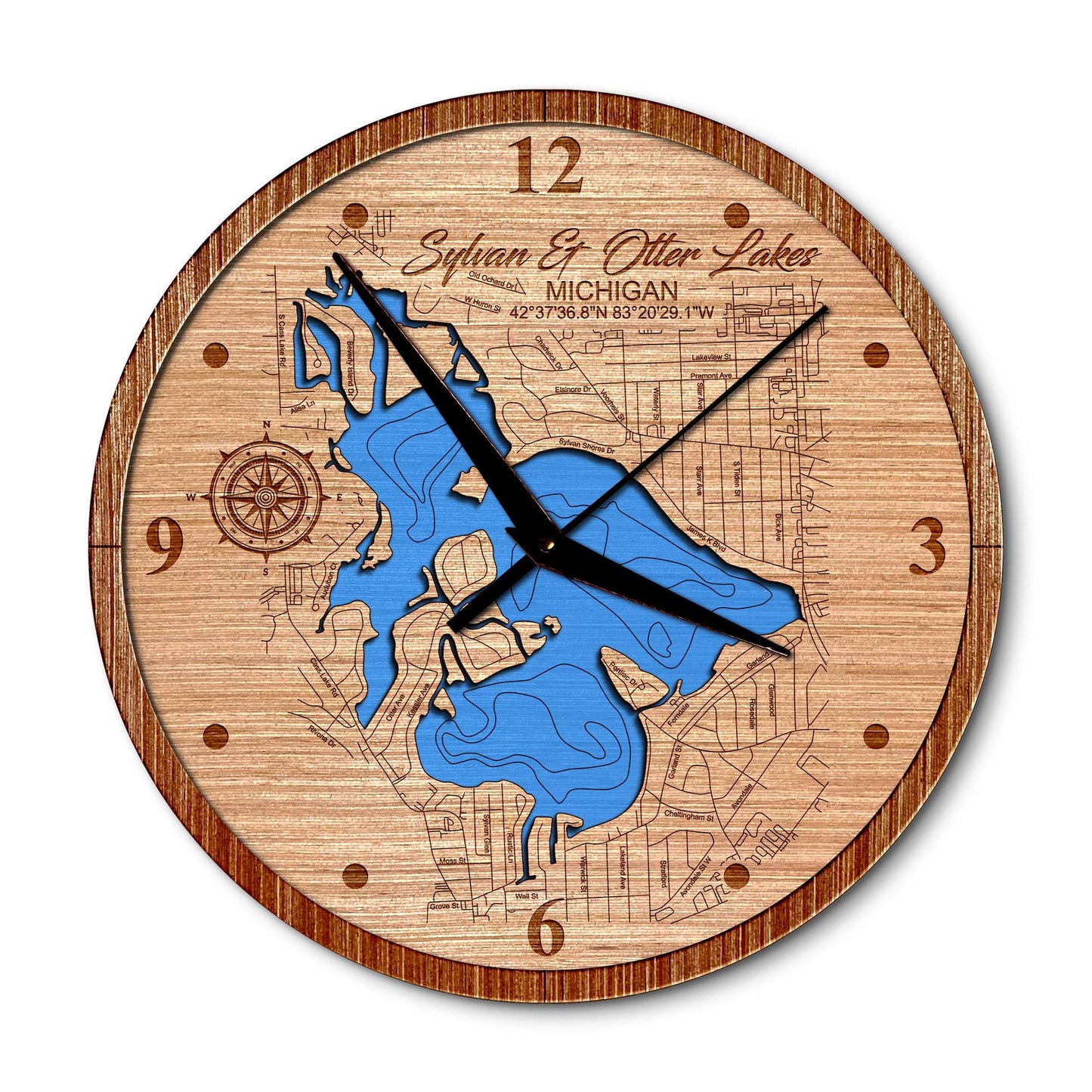 Sylvan & Otter Lakes, Michigan 14in Layered Map Clock - Any Lake, Pond, or Reservoir - Unique Home Decor