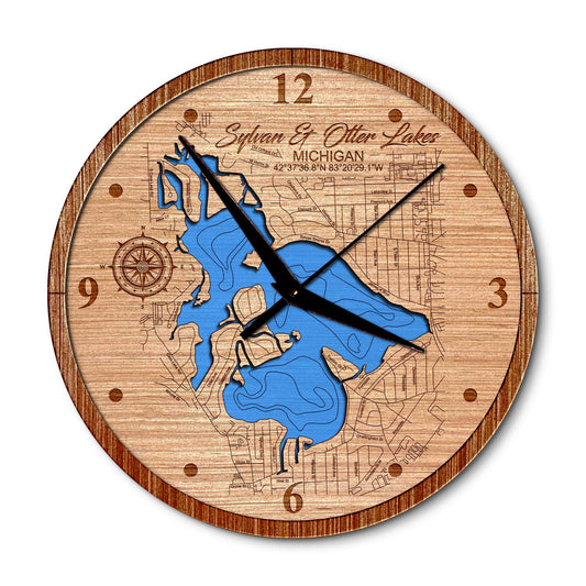 Sylvan & Otter Lakes, Michigan 14in Layered Map Clock - Any Lake, Pond, or Reservoir - Unique Home Decor
