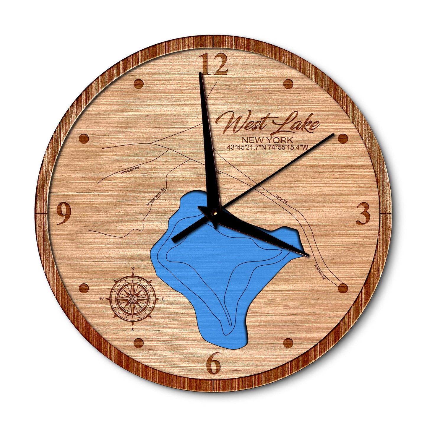 West Lake in Old Forge, New York 14in Layered Map Clock - Any Lake, Pond, or Reservoir - Unique Home Decor