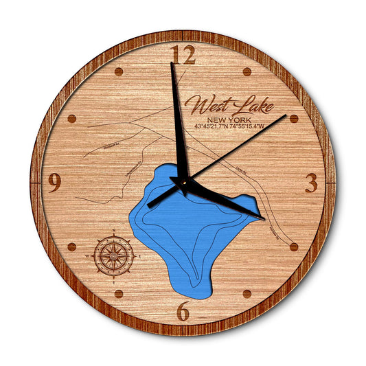 West Lake in Old Forge, New York 14in Layered Map Clock - Any Lake, Pond, or Reservoir - Unique Home Decor