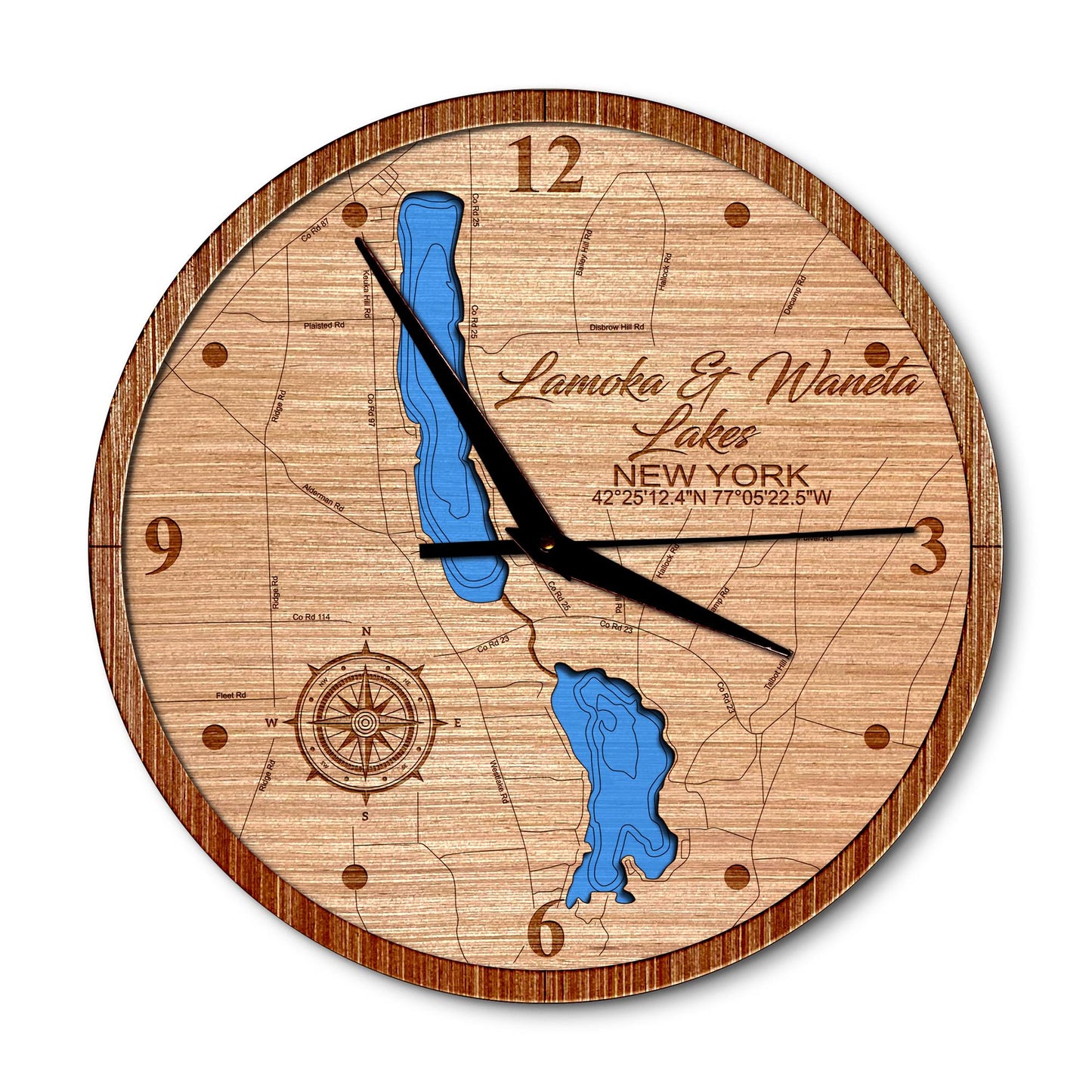Lamoka & Waneta Lakes, New York 14in Layered Map Clock - Any Lake, Pond, or Reservoir - Unique Home Decor