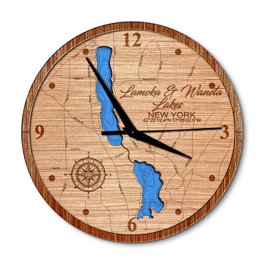 Lamoka & Waneta Lakes, New York 14in Layered Map Clock - Any Lake, Pond, or Reservoir - Unique Home Decor