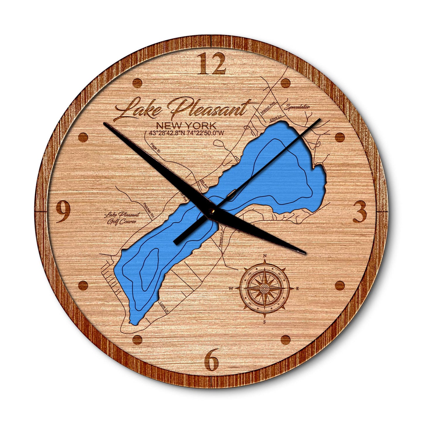 Lake Pleasant, New York 14in Layered Map Clock - Any Lake, Pond, or Reservoir - Unique Home Decor