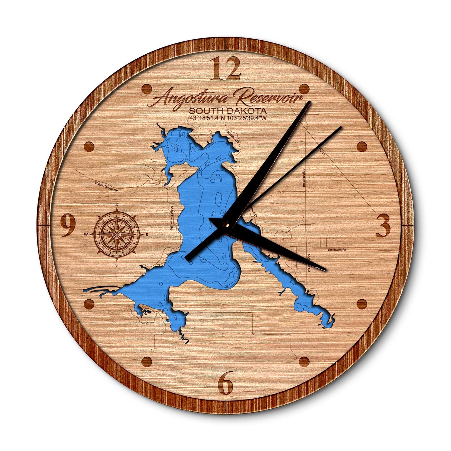 Angostura Reservoir, South Dakota 14in Layered Map Clock - Any Lake, Pond, or Reservoir - Unique Home Decor