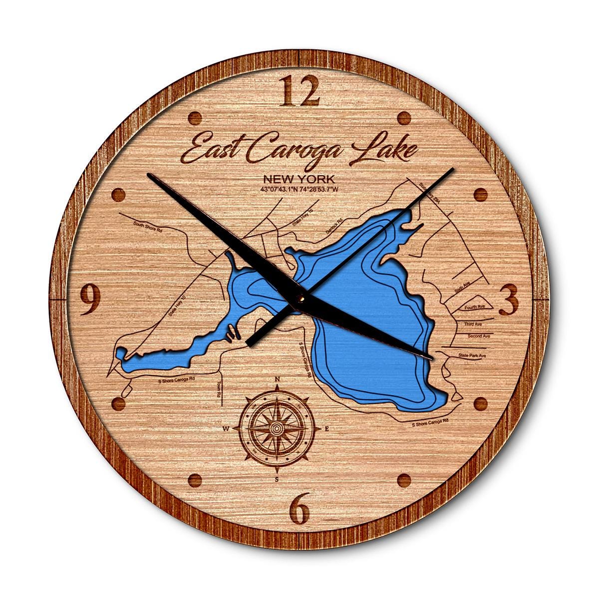 East Caroga Lake, New York 14in Layered Map Clock - Any Lake, Pond, or Reservoir - Unique Home Decor
