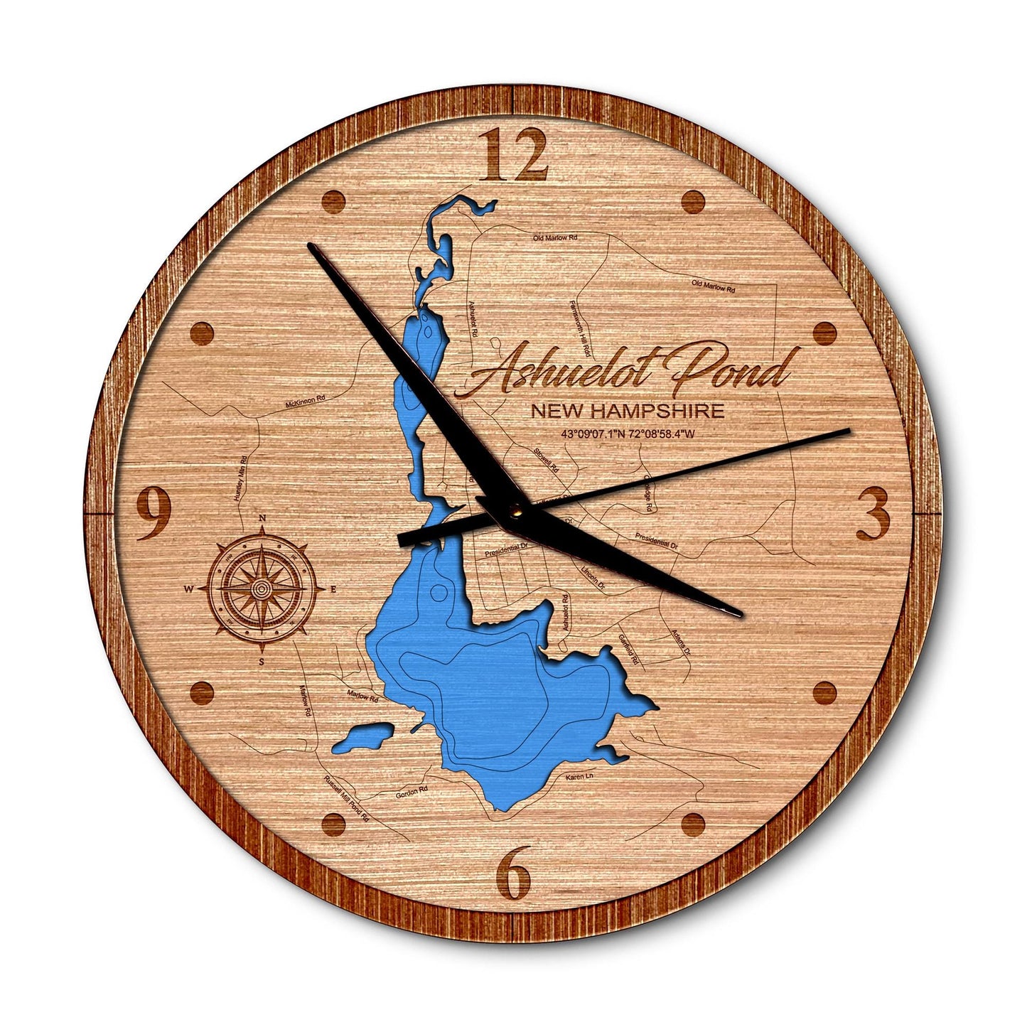 Ashuelot Pond, New Hampshire 14in Layered Map Clock - Any Lake, Pond, or Reservoir - Unique Home Decor