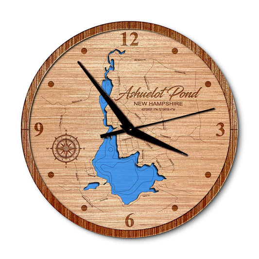 Ashuelot Pond, New Hampshire 14in Layered Map Clock - Any Lake, Pond, or Reservoir - Unique Home Decor