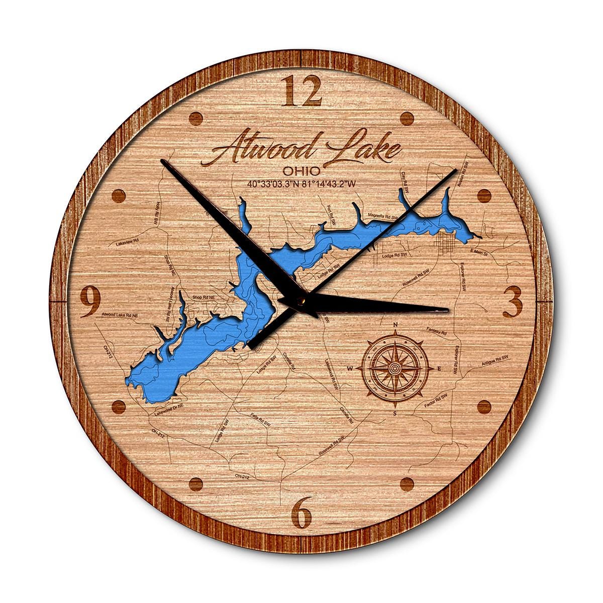Atwood Lake, Ohio 14in Layered Map Clock - Any Lake, Pond, or Reservoir - Unique Home Decor