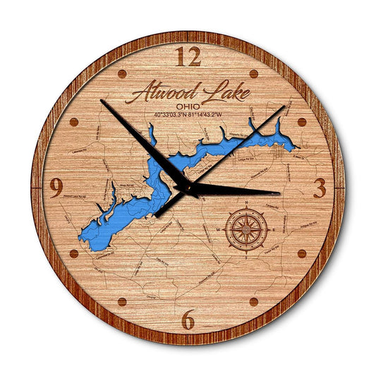 Atwood Lake, Ohio 14in Layered Map Clock - Any Lake, Pond, or Reservoir - Unique Home Decor