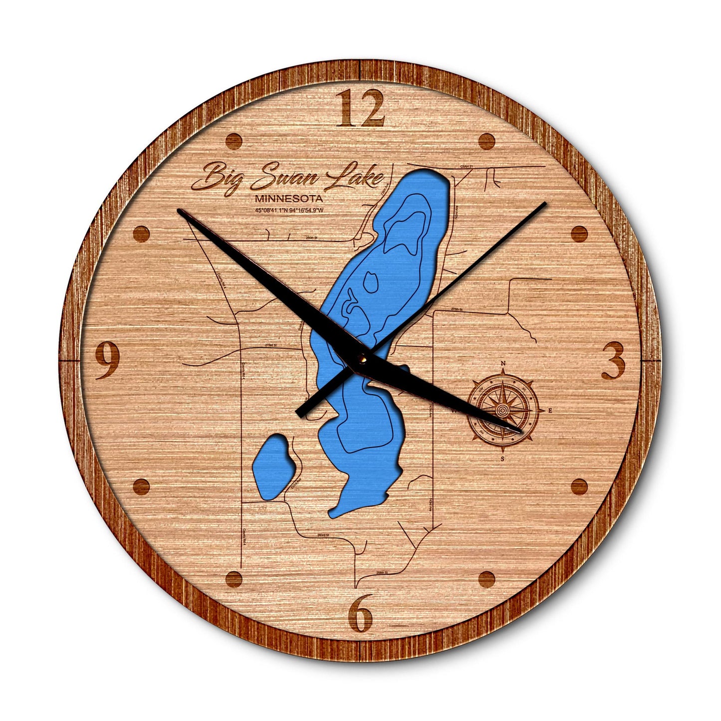 Big Swan Lake in Dassel, Minnesota 14in Layered Map Clock - Any Lake, Pond, or Reservoir - Unique Home Decor