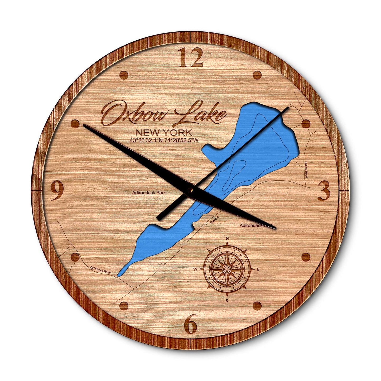 Oxbow Lake, New York 14in Layered Map Clock - Any Lake, Pond, or Reservoir - Unique Home Decor