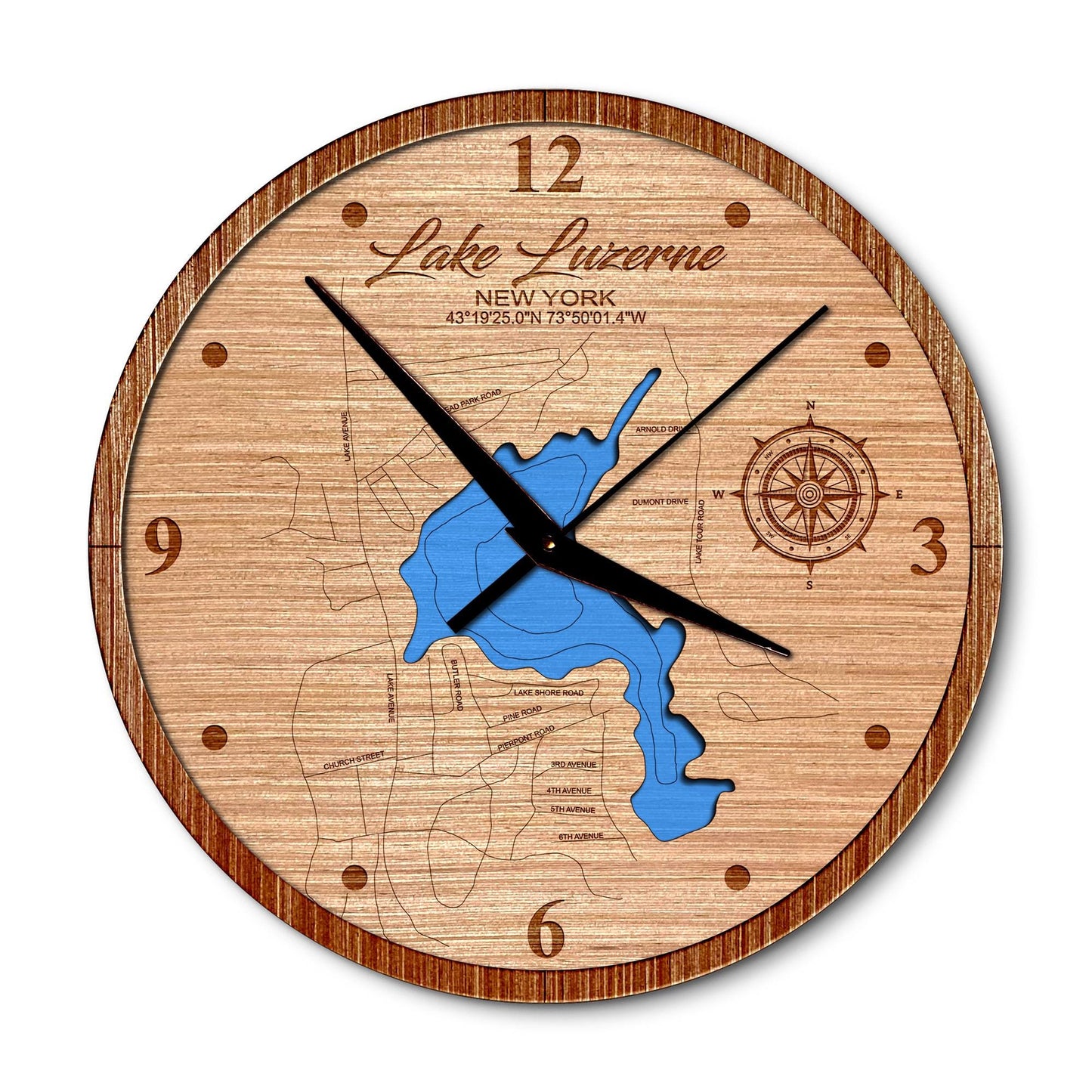 Lake Luzerne, New York 14in Layered Map Clock - Any Lake, Pond, or Reservoir - Unique Home Decor