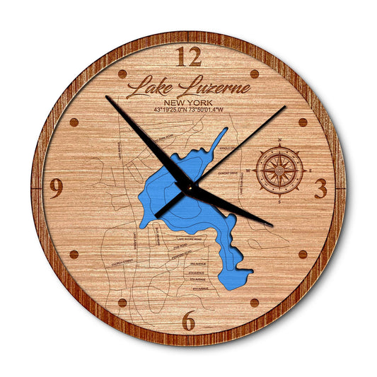 Lake Luzerne, New York 14in Layered Map Clock - Any Lake, Pond, or Reservoir - Unique Home Decor