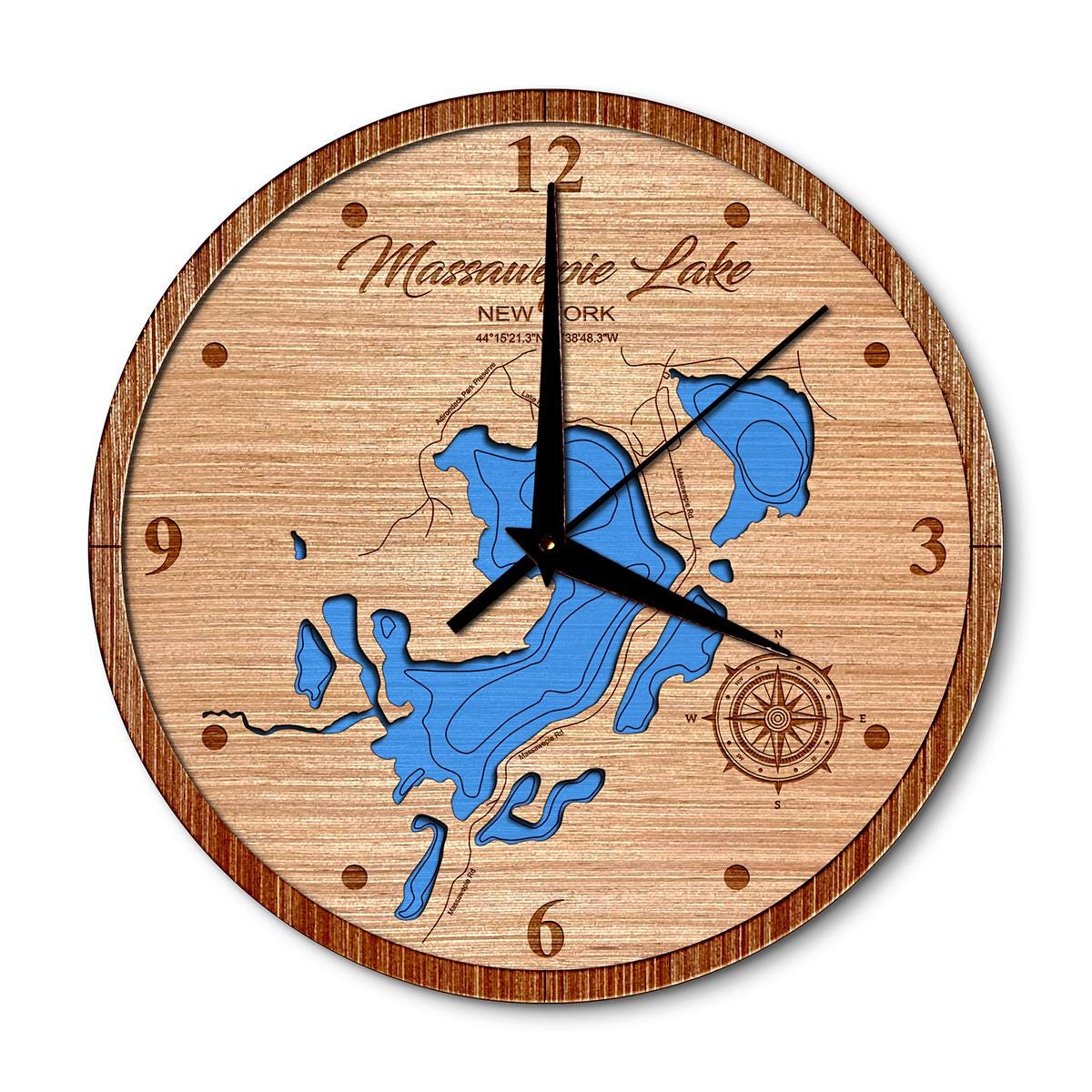 Massawepie Lake, New York 14in Layered Map Clock - Any Lake, Pond, or Reservoir - Unique Home Decor