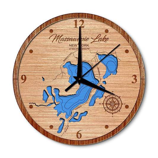 Massawepie Lake, New York 14in Layered Map Clock - Any Lake, Pond, or Reservoir - Unique Home Decor
