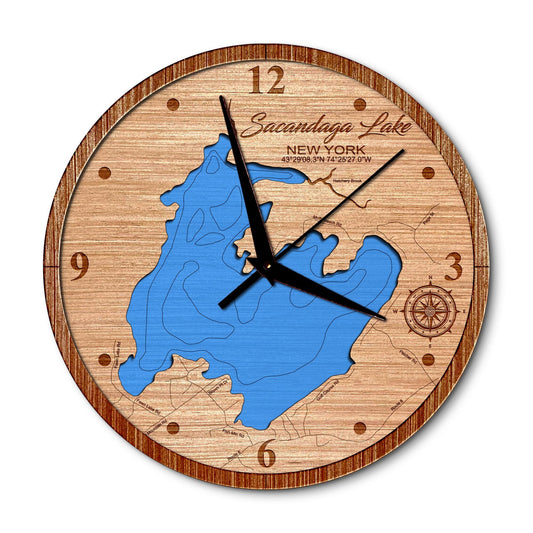 Sacandaga Lake, New York 14in Layered Map Clock - Any Lake, Pond, or Reservoir - Unique Home Decor