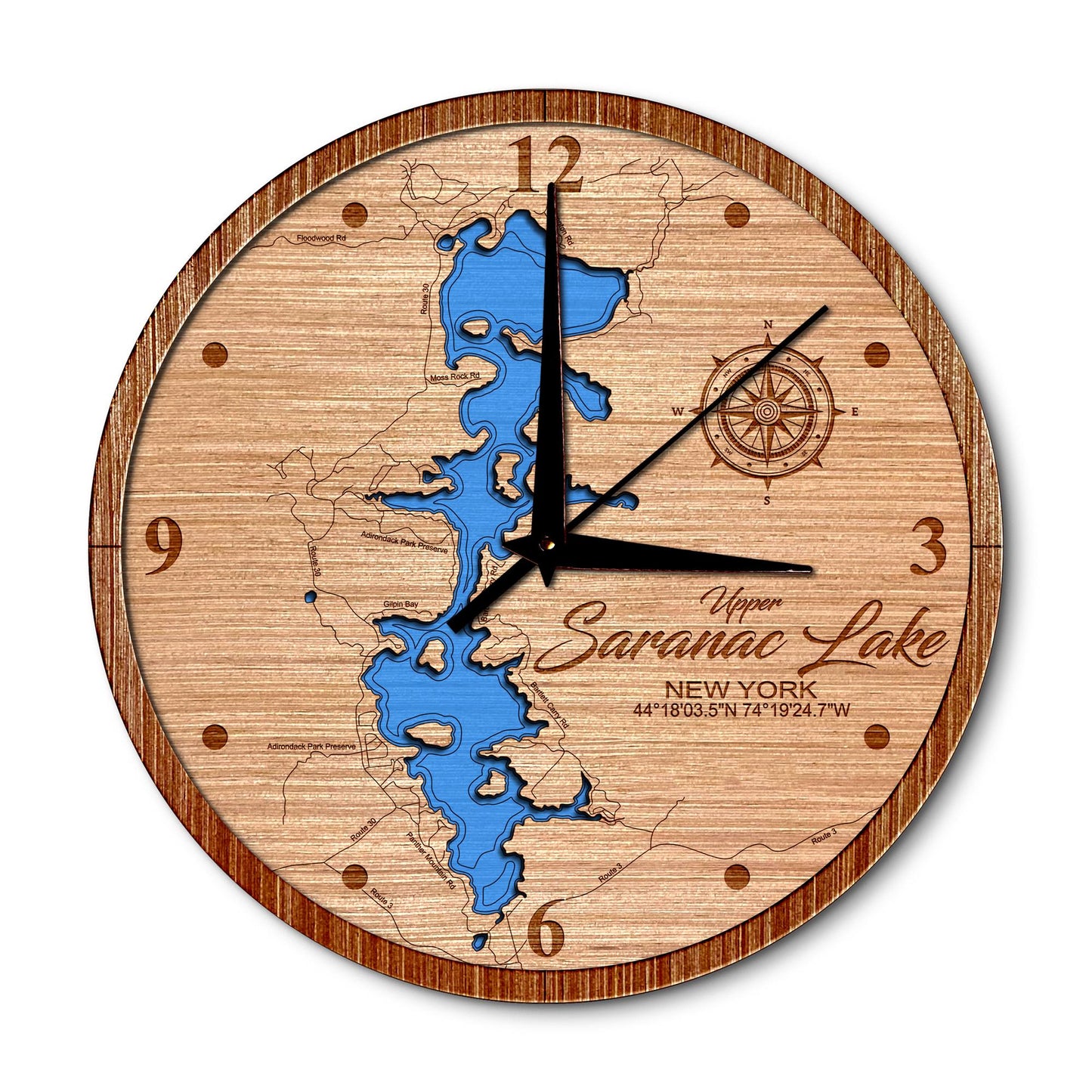 Saranac Lake(Upper Only), New York 14in Layered Map Clock - Any Lake, Pond, or Reservoir - Unique Home Decor